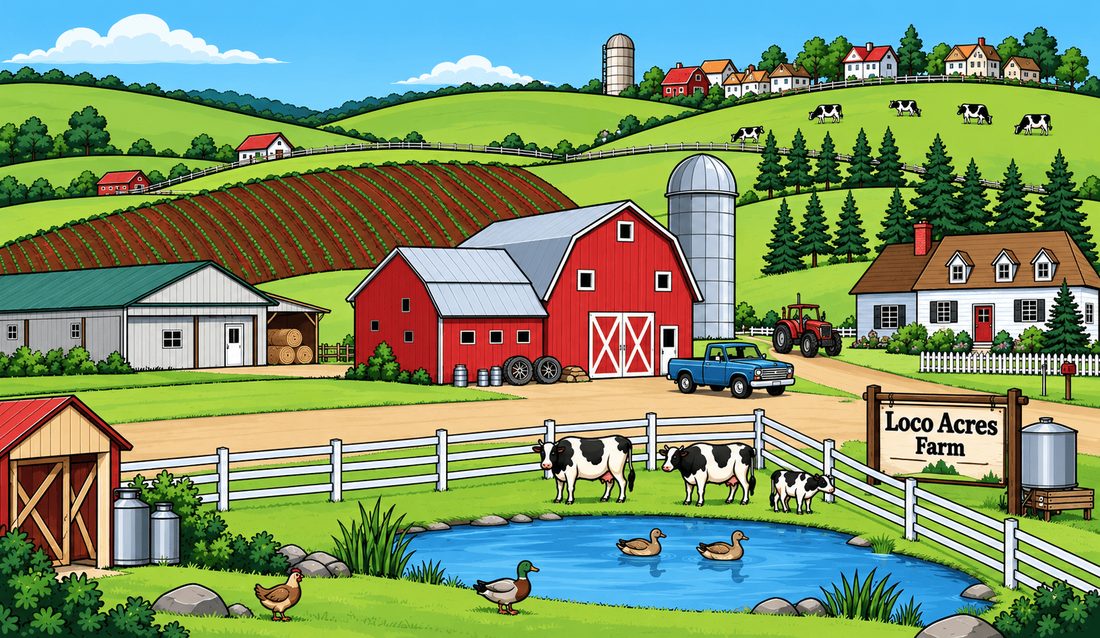 The Loco Acres farm scene — an illustrated view of the red barn, silo, duck pond, cows, and farmhouse with the Loco Acres Farm sign
